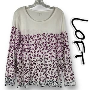 Loft Long Sleeve T-Shirt White Purple Ombre Leopard 100% Cotton Womens Sz Small